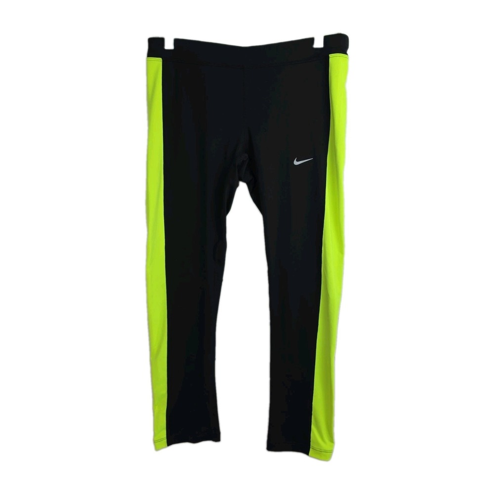 Nike Dri-Fit Athletic Capri Leggings Womens M Black w/ Yellow Accents Zip Pocket
